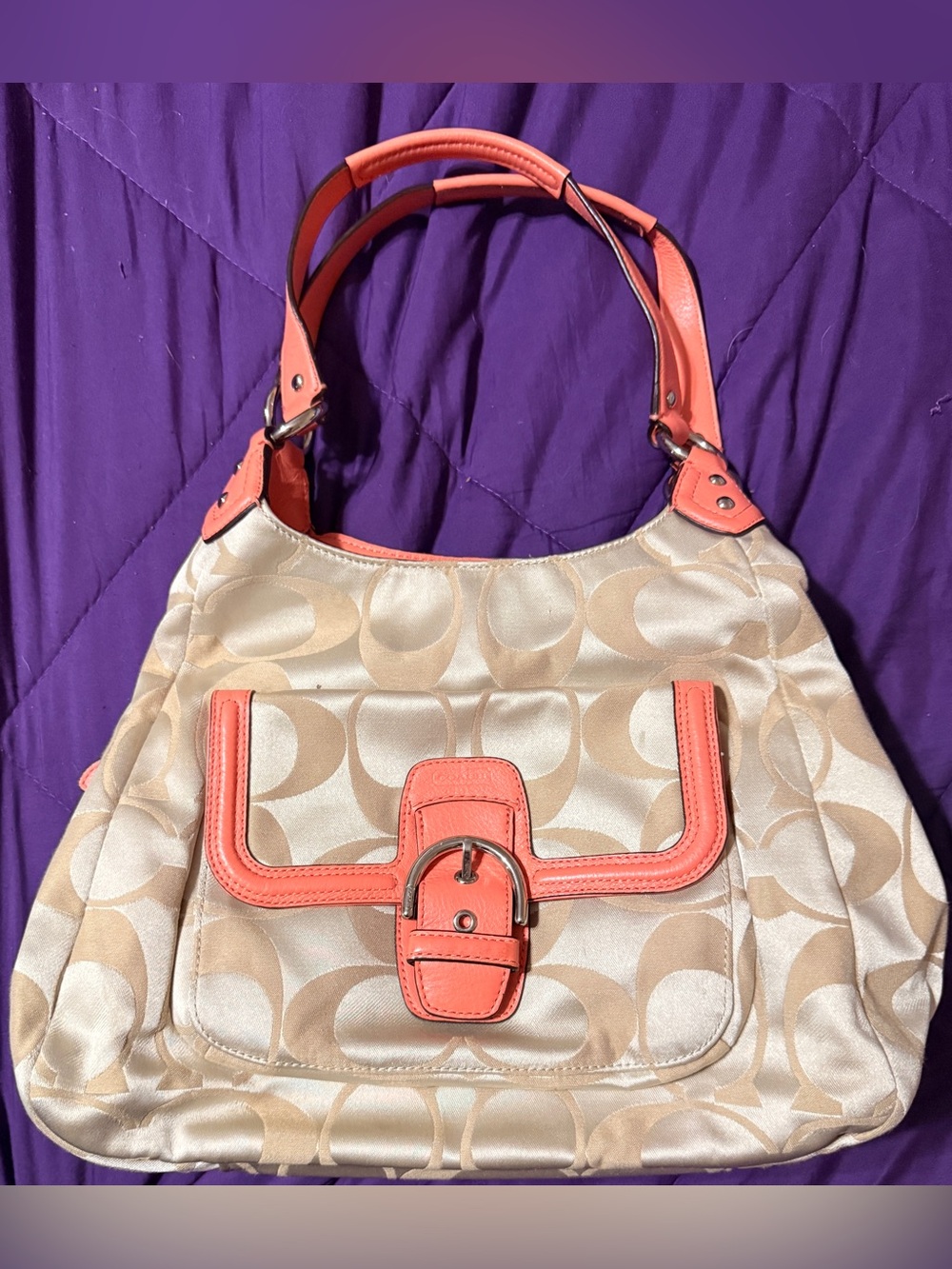 Coach Signature Sateen Hobo Shoulder Bag with Coral Trim
